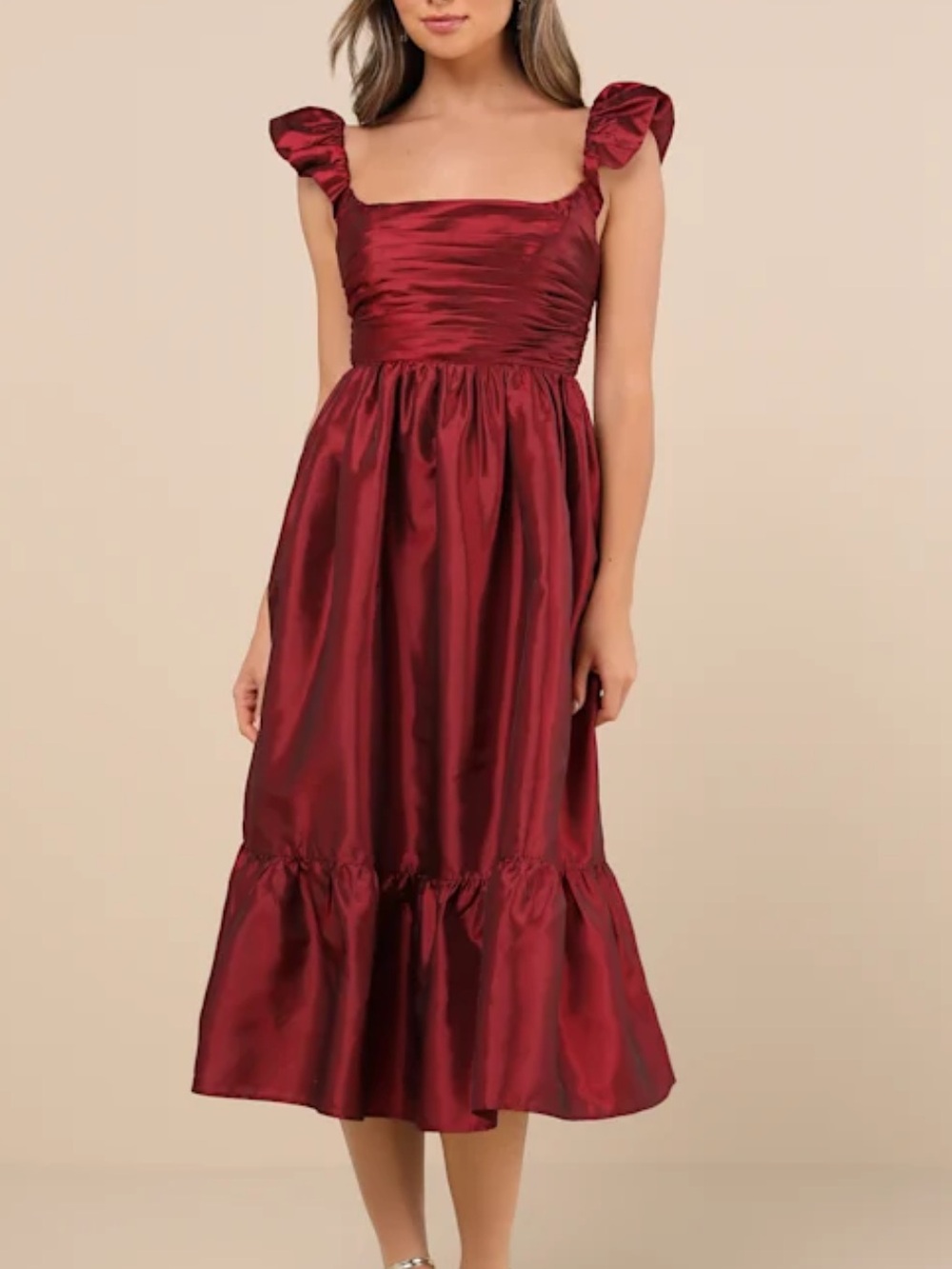Lulu's Satin Burgundy Midi Dress with Ruffled Straps